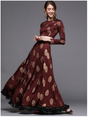 Maroon & Gold Toned Printed Ready to Wear Lehenga